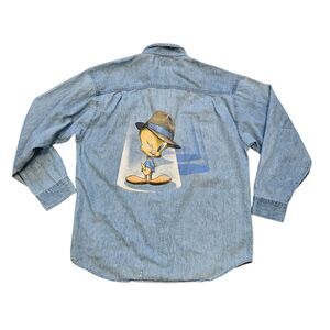 Vtg 1994 Tweety Bird Denim Shirt Mens L Double Sided Detective Looney Tunes